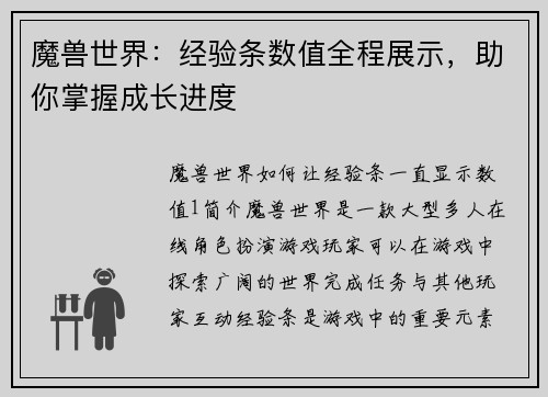 魔兽世界：经验条数值全程展示，助你掌握成长进度